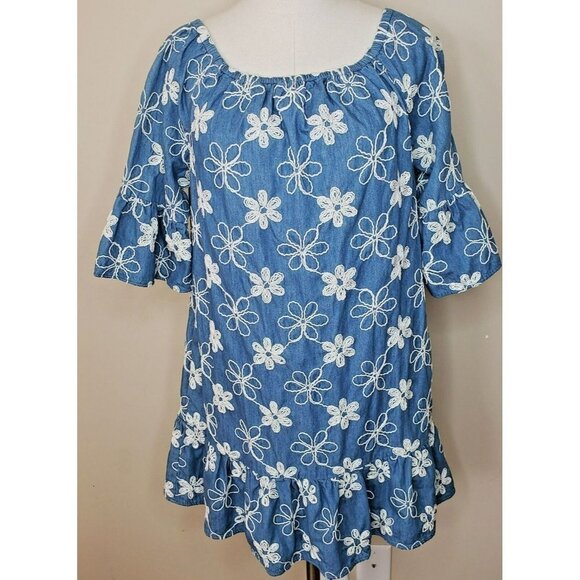 Womens Chambray Dress Daisies Mini Shift Floral Embroidered Peasant Pockets M - Picture 9 of 9